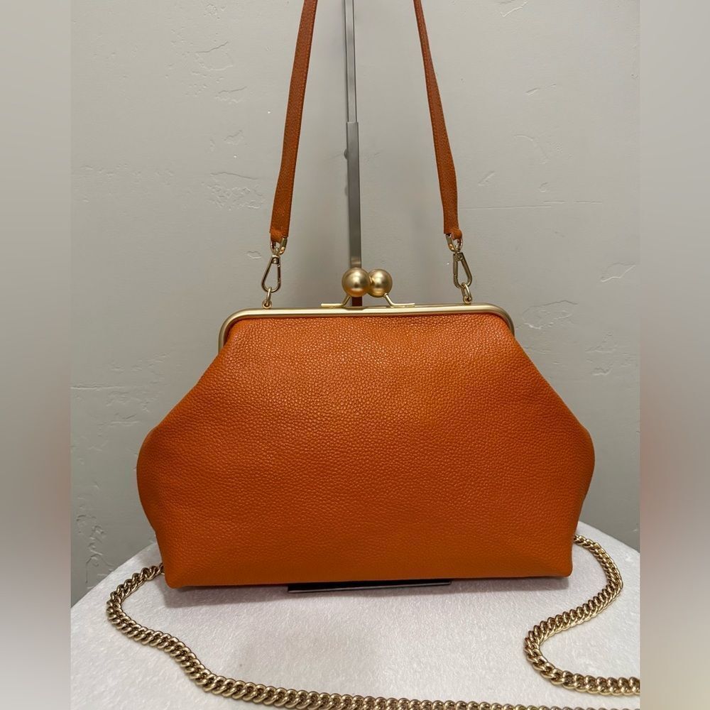 Orange Pebble Leather Handmade Vintage Style Extra Large Kisslock Frame Bag - Picture 2 of 16
